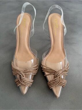 Metallic Nude Rhinestone Slingback Pumps